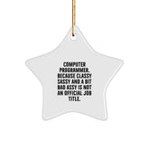 Funny Gifts for Computer Programmer Friends - 'Classy Sassy And A Bit Fearlessy' Star Ornament, Unique Christmas Decorations for Programmers Office, White MDF Star Shaped Decoration with Gold Cord - Image 1